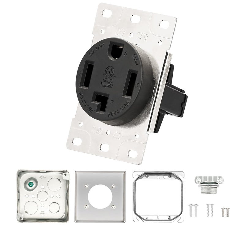 PLUGTUL 30 Amp Dryer Outlet, NEMA 14-30R Dryer Outlet Receptacle with Square Cover Plate, Straight Blade, Industrial Grade, 30 Amp, 125/250 Volt, ETL Listed - Image 1
